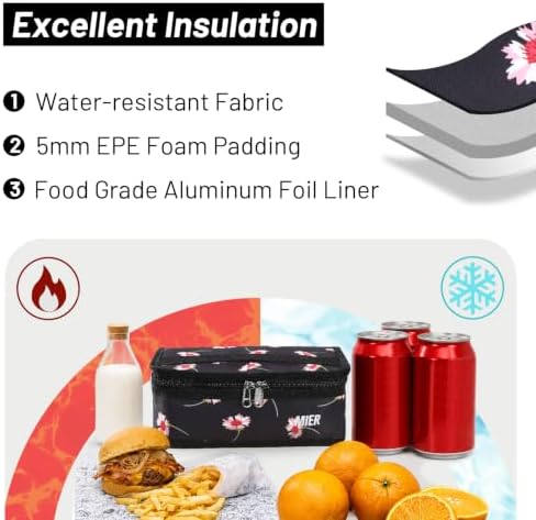 MIER Small Lunch Bag for Kids Compact Insulated Lunch Box, Black Floral
