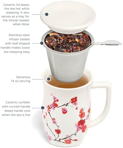 Tea Forte Ceramic Fiore Tea Cup with Infuser, Sakura, 14 oz