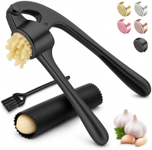 Kitchen Garlic Press, Rust Proof & Dishwasher Safe Garlic Mincer, Durable Garlic Crusher Set with Peeler＆Brush, Easy to Clean and Squeeze, Black