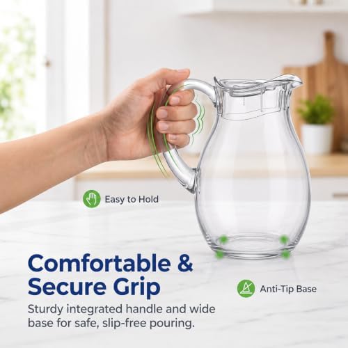Clear Acrylic Pitcher with Lid (72 oz), Unbreakable Plastic Water Pitcher with Handle, Fridge Jug, BPA-Free, Shatter-Proof, Great for Iced Tea, Sangria, Lemonade, Juice, Milk, and More