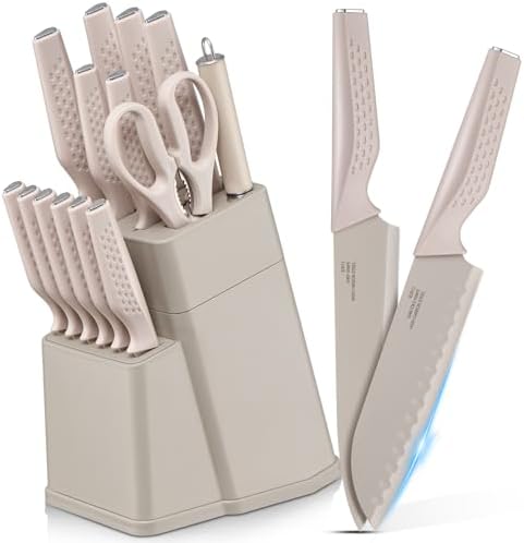 E-far Knife Set, 15-Piece Kitchen Knife Block Set with Sharpener, Khaki