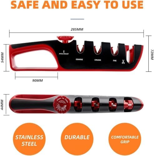 4-in-1 Manual Knife Sharpener for Kitchen Knives & Scissors – Tungsten Carbide and Ceramic Sharpening Stones with Non-Slip Base, Adjustable Angle Guide for All Blade Types (Black)