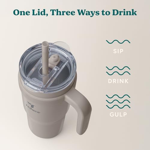 REDUCE 24 oz Stainless Steel Tumbler with Handle - Dual-Wall Vacuum Insulated Travel Mug, Sweat-Proof Lid & Reusable Straw - Keeps Drinks Cold for 24 Hrs, Fits Cupholders, Dishwasher Safe - Sand