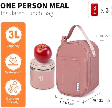 NOL Small Insulated Snack Bag Mini Freezable Cooler Pouch 3L fit 3 Cans | Wide-Mouth 6hours Cool & Warm Lightweight Leakproof Nylon Box for Work Travel, Dark pink