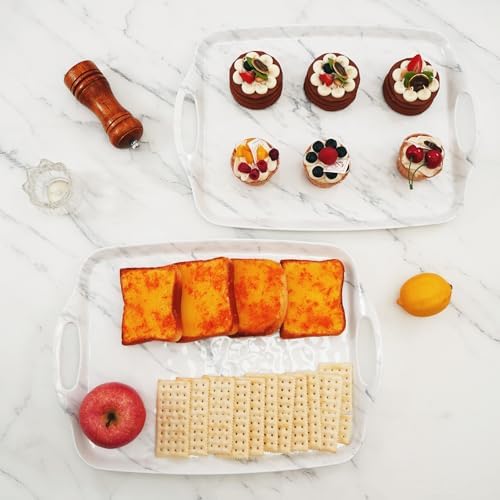 TP Melamine Serving Trays with Handles, 17” x 12”, Set of 2, White Marble