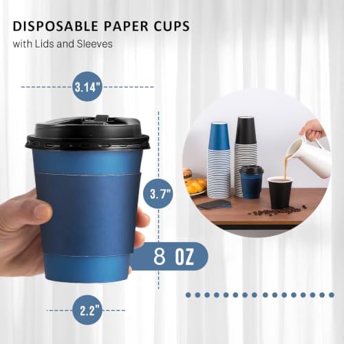SIUQ 100 Pack 8 oz Disposable Paper Coffee Cups with Lids, Black & Blue