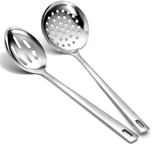 Berglander Slotted Spoons for Straining 2 pcs 13", Stainless Steel Kitchen Spider Strainer Skimmer Ladle for Straining Pasta/Cooking/Frying, Metal Kitchen Utensils Pasta Spoon