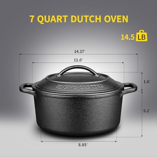 EDGING CASTING Pre-Seasoned Cast Iron Dutch Oven Pot with Lid Dual Handle, Sourdough Bread Baking Pots, Bread Oven, Camping, Grill, Induction, Electric, Round 7 Quart, Black