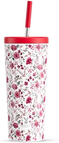 Meoky 24 oz Insulated Tumbler with Lid and Straw, Stainless Steel Vacuum Insulated Tumbler, Keeps Cold for 24 Hours, 100% Leak Proof, Fits in Car Cup Holder (Petal)
