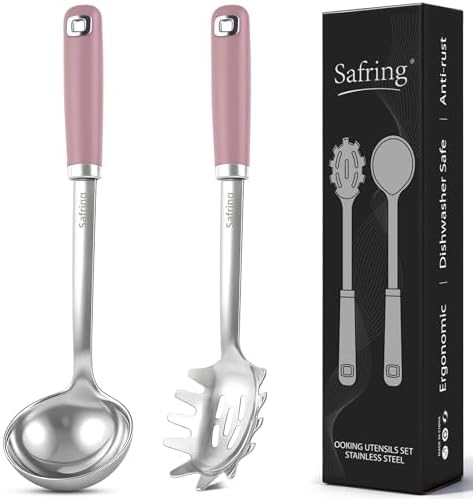 Safring Stainless Steel Soup Ladle and Spaghetti Spoon Set, Heat Resistant Rubber Handle, Dishwasher Safe, Kitchen Utensils for Cooking, Stirring, Serving Pasta, Soup & Sauce (Pink)