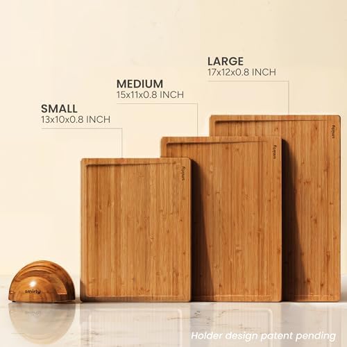 SMIRLY Cutting Board, Carbonized Bamboo Cutting Board Set of 3 with Stand