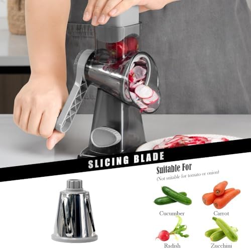 Badelite Cheese Grater Hand Crank Rotating Cheese Shredder Stainless Steel Vegetable Slicer Grater for Kitchen 3 Blades for Cheese, Carrot, Cucumber, Nuts, Chocolate, Dark Grey