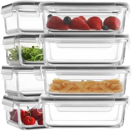 HOMBERKING 30oz 8 Pack Glass Meal Prep Containers with Lids, Food Storage Airtight Bento Boxes with Leak Proof Locking for Microwave, Oven, Freezer and Dishwasher (8 lids & 8 Containers)