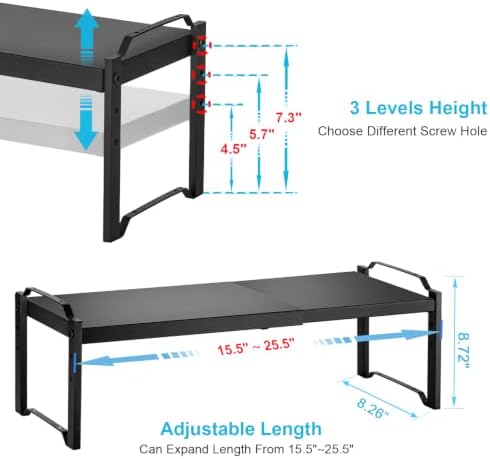 X-cosrack 25.5 Inches 3 Pack Expandable Cabinet Shelves, Stackable Shelf Organizer for Kitchen Cabinet Countertop Storage, Adjustable Counter Cupboard Pantry Organizer Shelf Rack Stand Riser, Black