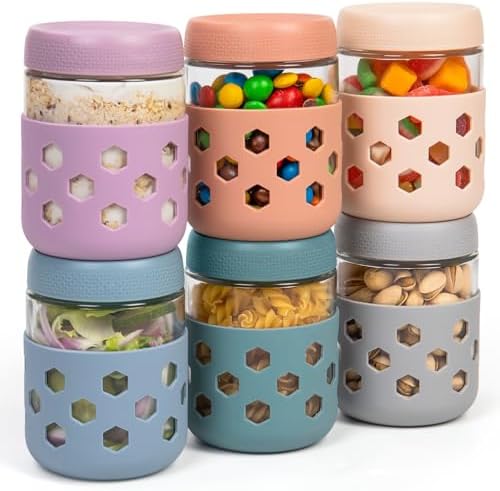 Gemice 6-Pack 16oz Glass Mason Jars with Silicone Sleeves, Airtight BPA-Free Overnight Oats Containers with Lids, Dishwasher Safe Leak-Proof Meal Prep Jars for Chia Pudding, Yogurt, Snacks