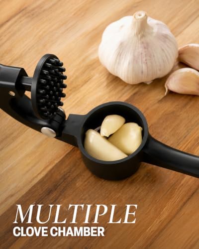 Zulay Kitchen Premium Garlic Press Set - Rust Proof Professional Garlic Mincer Tool - Easy-Squeeze, Easy-Clean with Soft, Ergonomic Handle - Silicone Garlic Peeler & Brush (Black)