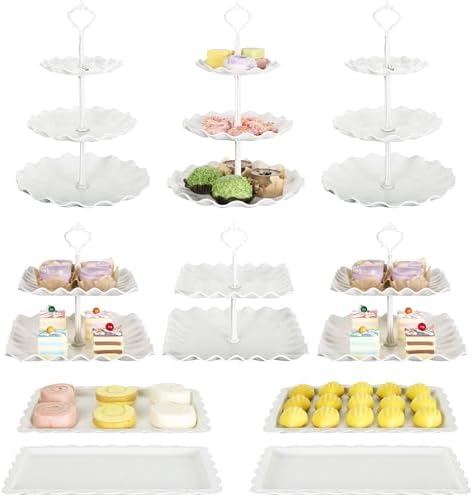 Biodegradable Cupcake Stand Holder, Dessert Table Display Set, Treat Table Candy Cake Desert Tiered Tray, 3 Tier Serving Trays for Tea Party, Wedding Baby Shower Bridal Shower Decorations（10 PCS ）