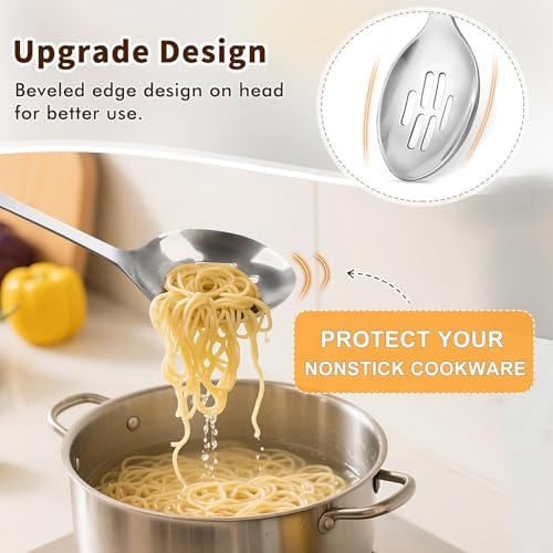 Stainless Steel Cooking Spoon, Solid Metal Serving Spoon, Heavy Duty Sturdy Large Soup Ladle, High Heat Resistant Kitchen Cooking Utensils for Mixing, Stirring, Ergonomic Handle, Easy to Clean, Silver