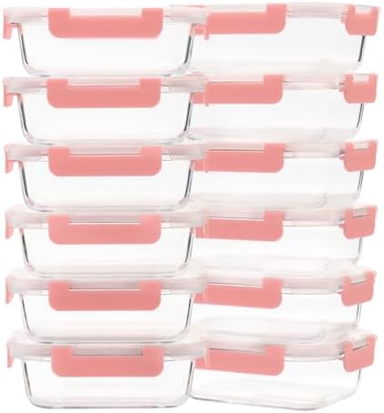 GULFLIN 12-Pack, 22oz Glass Meal Prep Containers with Lids, Pink Set