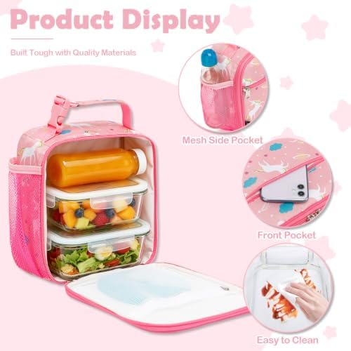 FlowFly Kids Lunch box Insulated Soft Bag Mini Cooler Back to School Thermal Meal Tote Kit for Girls, Boys, Unicorn