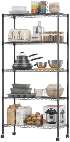 BestOffice | 5-Tier Wire Shelf with Wheels | 14" x 30" x 60" | Black