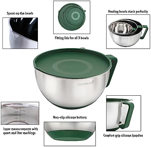 Rorence Stainless Steel Mixing Bowls Set with Lids,1.5,3 & 5 Qt,Green