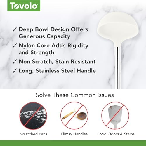 Tovolo Silicone Ladle With Stainless Steel Handle Deep Soup Ladle for Cooking Canning Serving Soup Punch Stew Sauce, Large Kitchen Utensil Spoon Dishwasher Safe BPA Free Silicone White