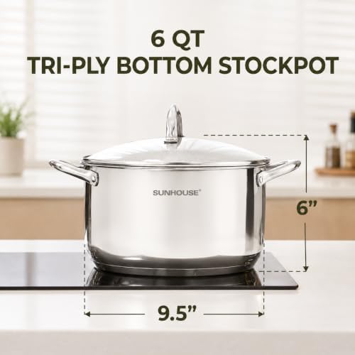 Sunhouse 6 QT Stainless Steel Stock Pot with Lid - Large Pot for Cooking