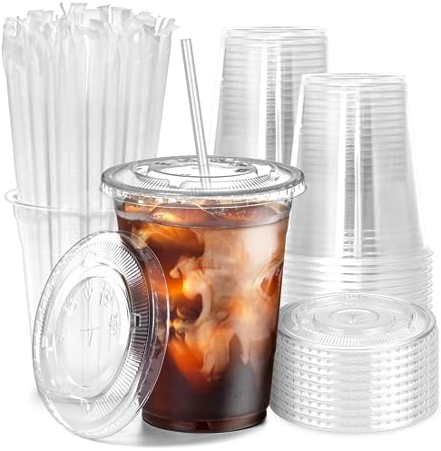 Fit Meal Prep 600 Pack 16 oz Plastic Iced Coffee Cups with Flat Lids and Clear Straws, Disposable Clear Cup, BPA Free Cup for Party, Smoothie, Cold Drinks, Juice, Milkshake, Bubble Boba, Tea