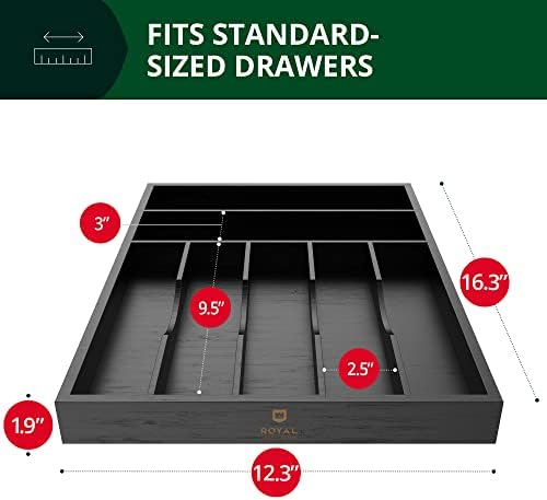 ROYAL CRAFT WOOD Luxury Bamboo Kitchen Drawer Organizer - Silverware Organizer - Utensil Holder and Cutlery Tray with Grooved Drawer Dividers for Flatware and Kitchen Utensils (7 Slot, Black)