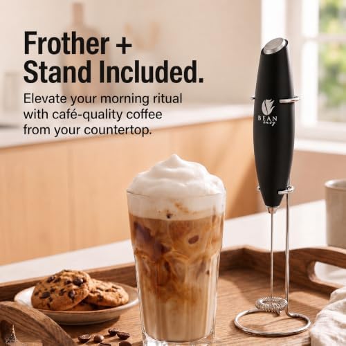Bean Envy Milk Frother Handheld - Coffee Mixer Wand with Stand - Black
