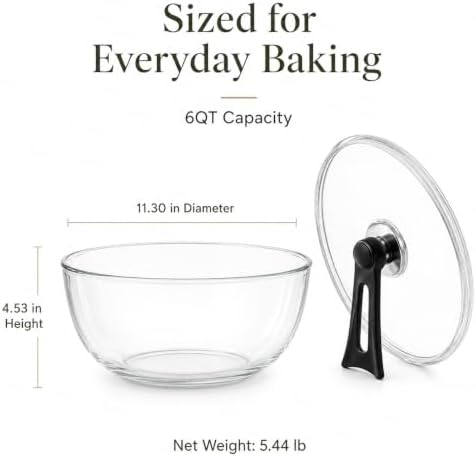 Large Glass Bowl for Sourdough Bread Making 6 QT Glass Mixing Bowl with Lid and Black Stand-Up Handle, Clear Sourdough Bread Proofing Bowl with Cover, Ideal for Baking, Meal Prep and Kitchen Storage
