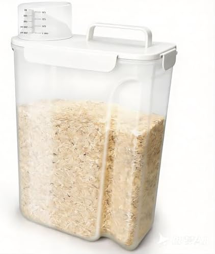 Komzon Rice Storage Containers, Airtight Cereal Containers Storage, with Pouring Spout Portable Handle for Flour, Pasta, Grain and Baking, Pet Dog Cat Bird Food Container 20lb White
