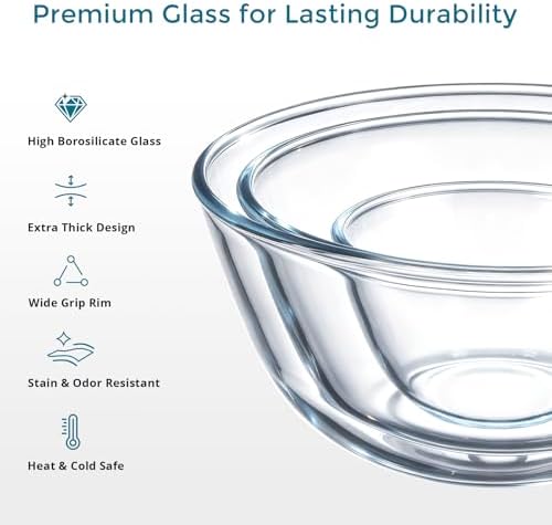 E-far Glass Mixing Bowls with Airtight Lids Set for Cooking Prep Serving