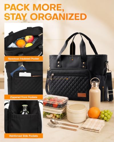 HOTOR Lunch Box Women Insulated Tote Bag Multiple Pockets Black