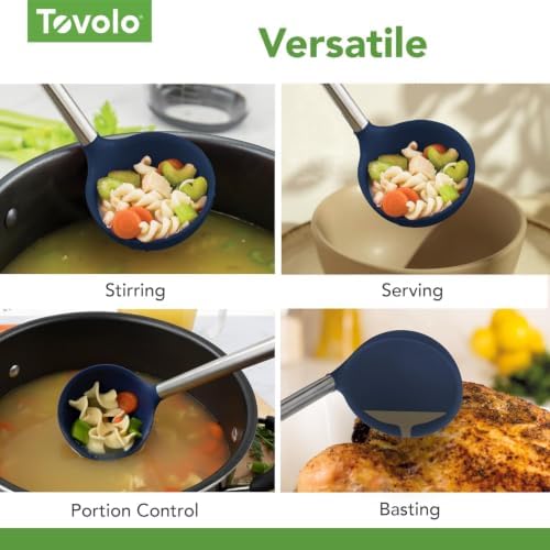 Tovolo Silicone Ladle With Stainless Steel Handle Deep Soup Ladle for Cooking Canning Serving Soup Punch Stew Sauce, Large Kitchen Utensil Spoon Dishwasher Safe BPA Free Silicone Deep Indigo