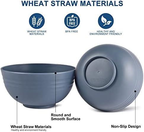 HOTEC 8-Pack 26oz BPA Free Wheat Straw Cereal Plastic Bowls, Classic Blue
