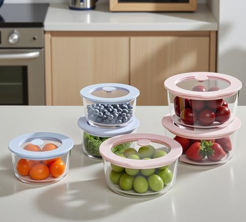 Glass Food Storage Containers with Lids, Plastic Free Semi-Tempered Glass Lids with Silicone Air Vent, Airtight & Leak-Proof Meal Prep Container Set, Oven, Microwave, Freezer & Dishwasher Safe
