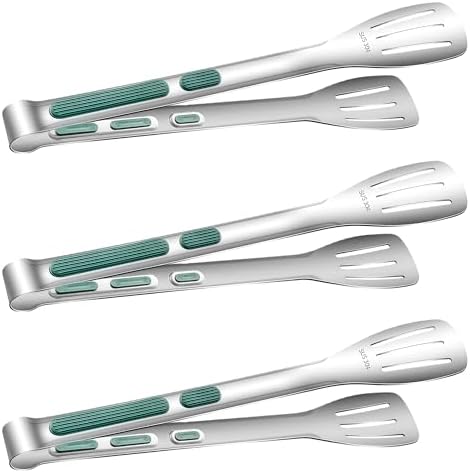 Stainless Steel Kitchen Tong Set - Anti-Slip Heat-Resistant Grip, Widened 3-Line Slotted Heads for Easy Clamping (Steaks, BBQ, Pasta, Salads), Easy Clean for Versatile Use Set of 3-11", Green