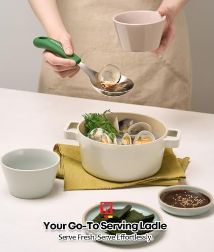 Short Stainless Steel Ladle 220mm (8.6”) – SUS304 Thick Deep Bowl Head with Soft-Grip Silicone Handle – Lightweight Mini Soup & Serving Spoon for Cooking – 5 Color Options (Green)