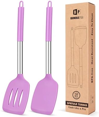 Pack of 2 Silicone Solid Turner, Non Stick Slotted Kitchen Spatulas, High Heat Resistant BPA Free Cooking Utensils, Ideal Cookware for Fish, Eggs, Pancakes(Purple)