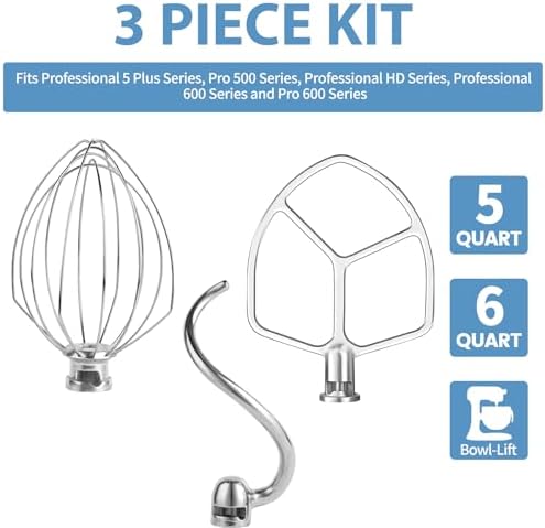 Stainless 3 Piece kit Attachments for KitchenAid 5 Plus- 6QT Mixer