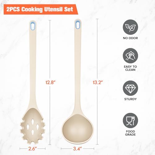Silicone Spaghetti Spoon & Soup Ladle Cooking Utensils Set of 2 (KHAKI)