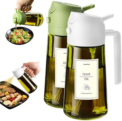 TrendPlain - 16oz Olive Oil Dispenser for Kitchen - 2 in 1 Olive Oil Dispenser and Oil Sprayer - Olive Oil Dispenser Bottle w/Stickers - Olive Oil Sprayer for Cooking 2Pcs White&Green (Light Blockage)