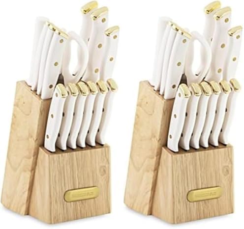 FARBERWARE 15-Piece Knife Block Set, Triple-Riveted High-Carbon Stainless Steel Kitchen Knives, Razor Sharp Blades, Wood Storage Block, White/gold, 15-Piece (Pack of 2)