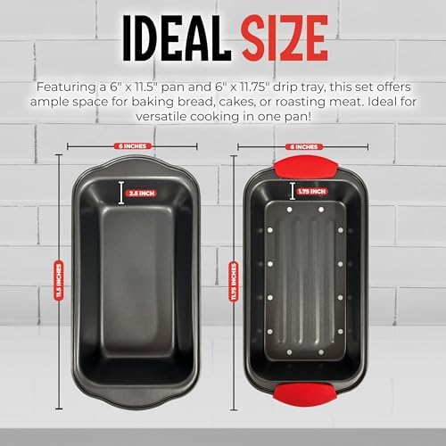 PERLLI Nonstick Meatloaf Pan with Drip Tray Insert – High-Carbon Steel Bakeware with Silicone Grips – Ideal for Baking Bread, Cake, and Roasting Meat in the Oven - 2-Piece Set