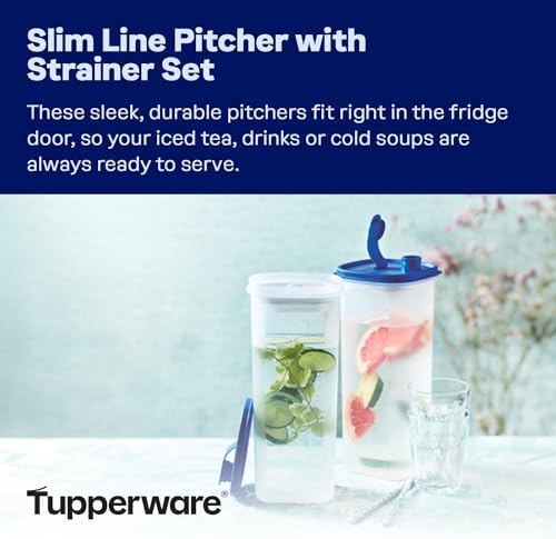 Tupperware Slim Line 2-Pitcher Set in Blue, Dishwasher Safe and BPA Free (2L / 8.4 Cups, Set of 2)