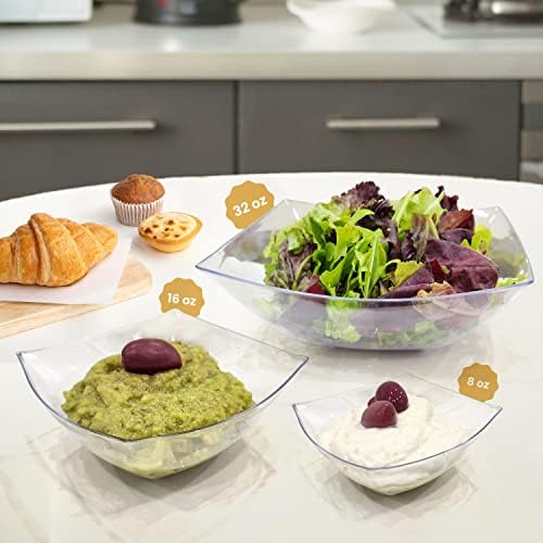 R-kay 6 Pack Square Plastic Serving Bowls - Clear Plastic bowls 16 Oz - Disposable Serving Bowls Heavy Duty For Weddings Catering And Birthday parties