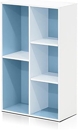 Furinno LUDER Book Shelf, 5-Cube Bookshelf, Reversible Bookcase, 9.4 x 19.5 x 31.5, Easy Assembly, for Living Room, Bedroom, Home Office, White/Light Blue