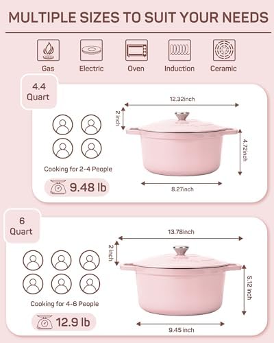 Ciwete Enameled Cast Iron Dutch Oven Pot, 4.4 Quart, Light Pink